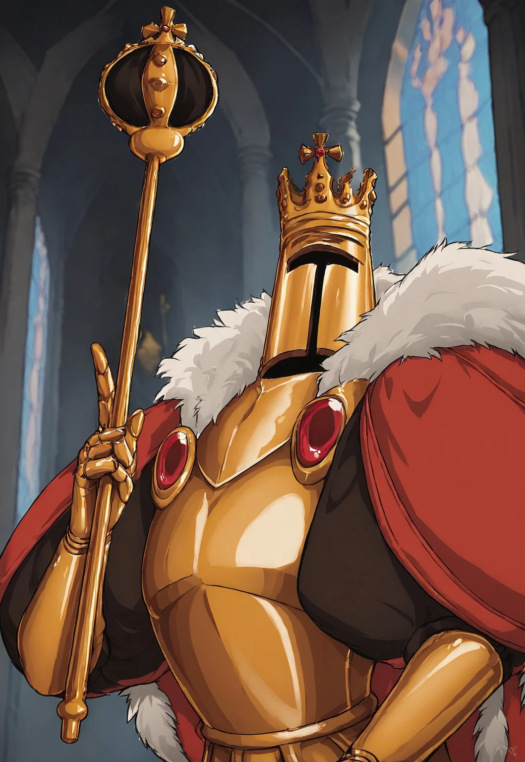 score_9, score_8_up, KingKnightSW, red cape, fur trim, armor, helmet, crown, gauntlets, looking at viewer, throne room, upper body, holding a scepter, window, night, detailed background, dynamic pose,