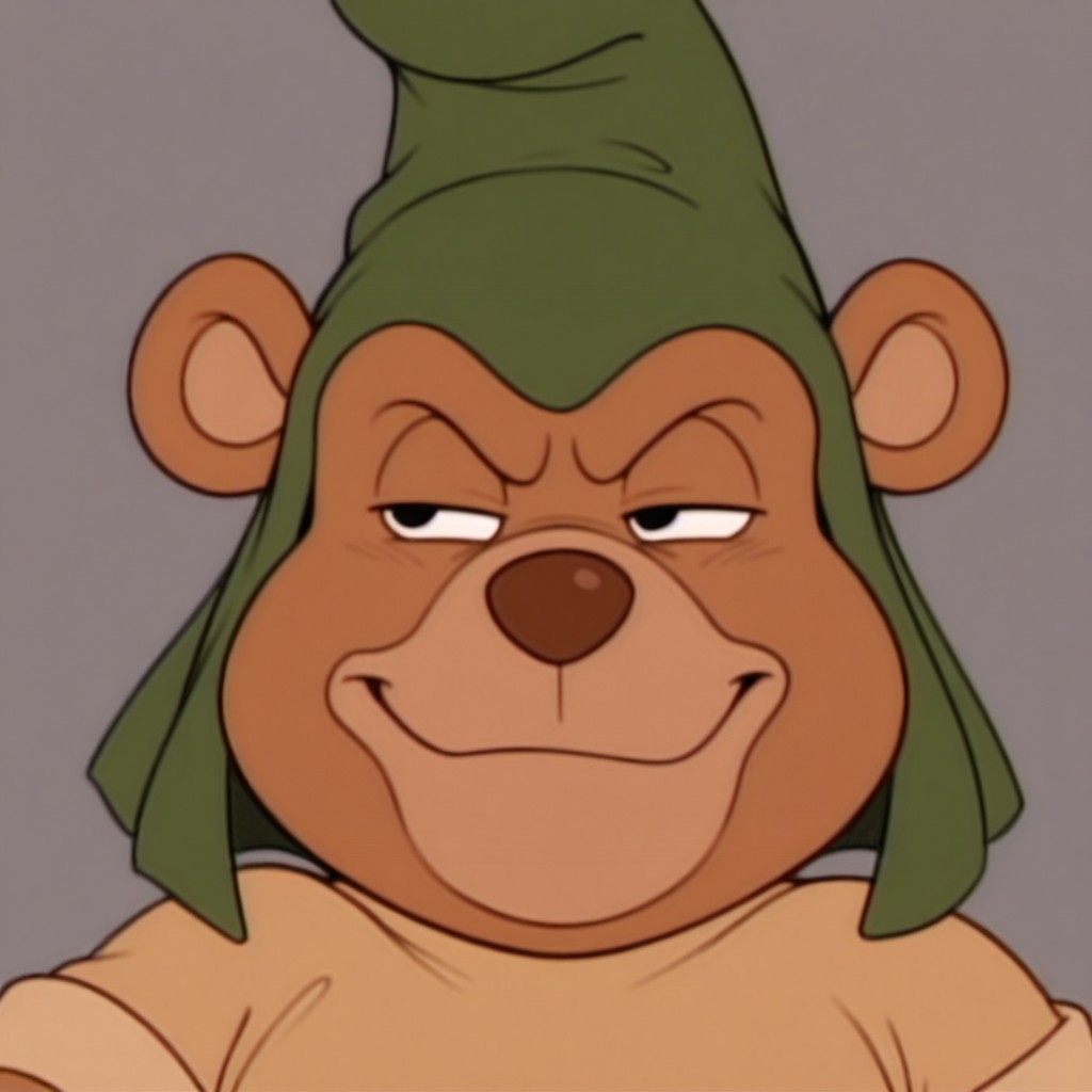 masterpiece, best quality, amazing quality, gruffi, male, furry male, anthro, solo, bear, brown fur, black eyes, tan muzzle, brown nose, paw pads, short, green hat, brown shirt, brown belt, smirk, smug, narrowed eyes, close up, portrait, grey background