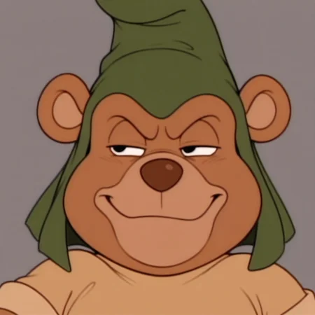 masterpiece, best quality, amazing quality, gruffi, male, furry male, anthro, solo, bear, brown fur, black eyes, tan muzzle, brown nose, paw pads, short, green hat, brown shirt, brown belt, smirk, smug, narrowed eyes, close up, portrait, grey background