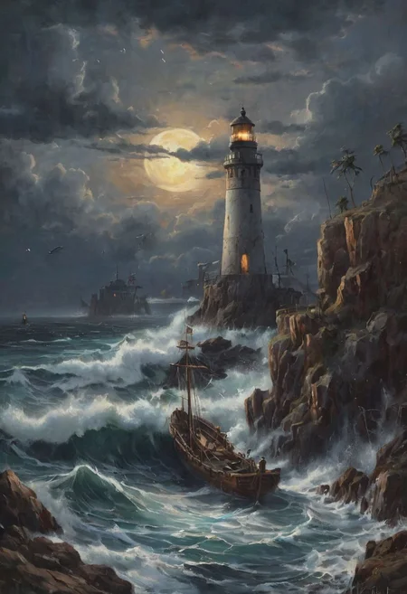 Under the pale light of the full moon, a lone lighthouse stands tall against the darkened sky, its beacon casting a guiding light over the restless sea below. In the distance, a battered galleon lies wrecked upon the rocky shores, its masts splintered and sails torn asunder. The waves crash against the jagged cliffs with an ominous roar, echoing the tumultuous history of the shipwrecked vessel. Despite the tranquil beauty of the moonlit night, there's an air of mystery and danger that hangs heavy in the salty sea air. The lighthouse stands as a silent sentinel, its light a beacon of hope amidst the darkness, yet serving as a haunting reminder of the perilous journey that awaits those who dare to brave the treacherous waters. In this haunting scene, the sea becomes a silent witness to the passage of time, its depths holding the secrets of countless shipwrecks lost to the depths below, moonlit night.romantic impressionism, dream scenery art, beautiful oil matte painting, romantic, style of thomas kinkade, beautiful digital painting, anime landscape, romantic painting, thomas kinkade style painting, dreamlike digital painting, colorful painting, beautiful gorgeous digital art, style thomas kinkade