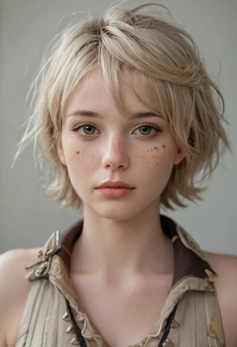 //
epiCRealism, realism,
score_9, score_8_up,
seductive pose, real life photo, realistic photo
//
neutral background, pale skin, beautiful face, beautiful eyes, bennett,green eyes, bright copper hair,hair between eyes,short hair,bangs,bandaid,bandaid on face,bandaid on nose,sleeveless,scar,scar on arm,shorts, cute face, young face, youngest face, skin sheen, sweat, tall
//
(Bright copper hair) (bangs)
//
(huge breasts)
//
tight transparent pink latex bodysuit, latex thigh high tights, extreme skindentation, latex choker, (((giant bow in hair:1.1))), extremely tight latex waist cincher
//
1girl, <lora:RealisticSkinv1_ponyv6_loraplus:1.15:start=15>real skin, freckles, mole, dirty skin,