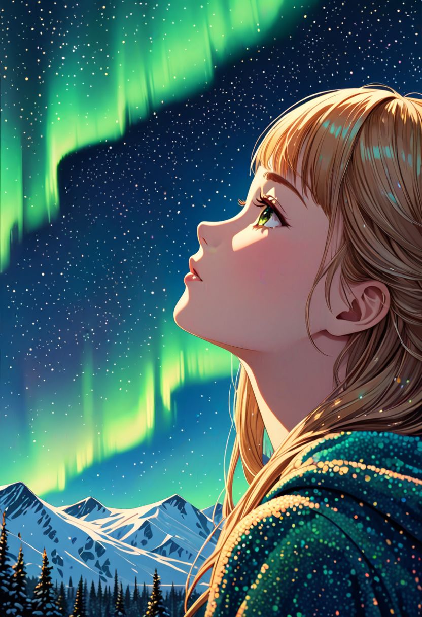 Pointillism style (((masterpiece))),(best quality),4K masterpiece,((ultra-detailed)),highly detailed,detailed shadow,
gold northern lights,closeup of sky,Composed entirely of small, vibrant, highly detailed,1 girl
