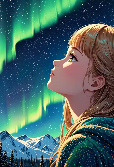 Pointillism style (((masterpiece))),(best quality),4K masterpiece,((ultra-detailed)),highly detailed,detailed shadow,
gold northern lights,closeup of sky,Composed entirely of small, vibrant, highly detailed,1 girl