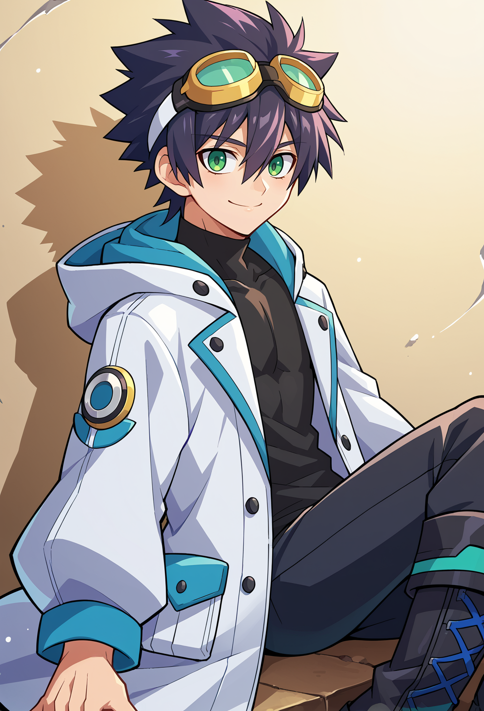 score_9, score_7_up, source_anime, BREAK   <lora:GunvoltMain:1> Azure Striker Gunvolt(Main), solo,, smile, 1boy, green eyes, short hair, black hair, bangs, hair between eyes, messy hair, (goggles on head:1.2), headband, white coat, hooded coat, hood down, open coat, black turtleneck, capri pants, layered pants, black knee boots,