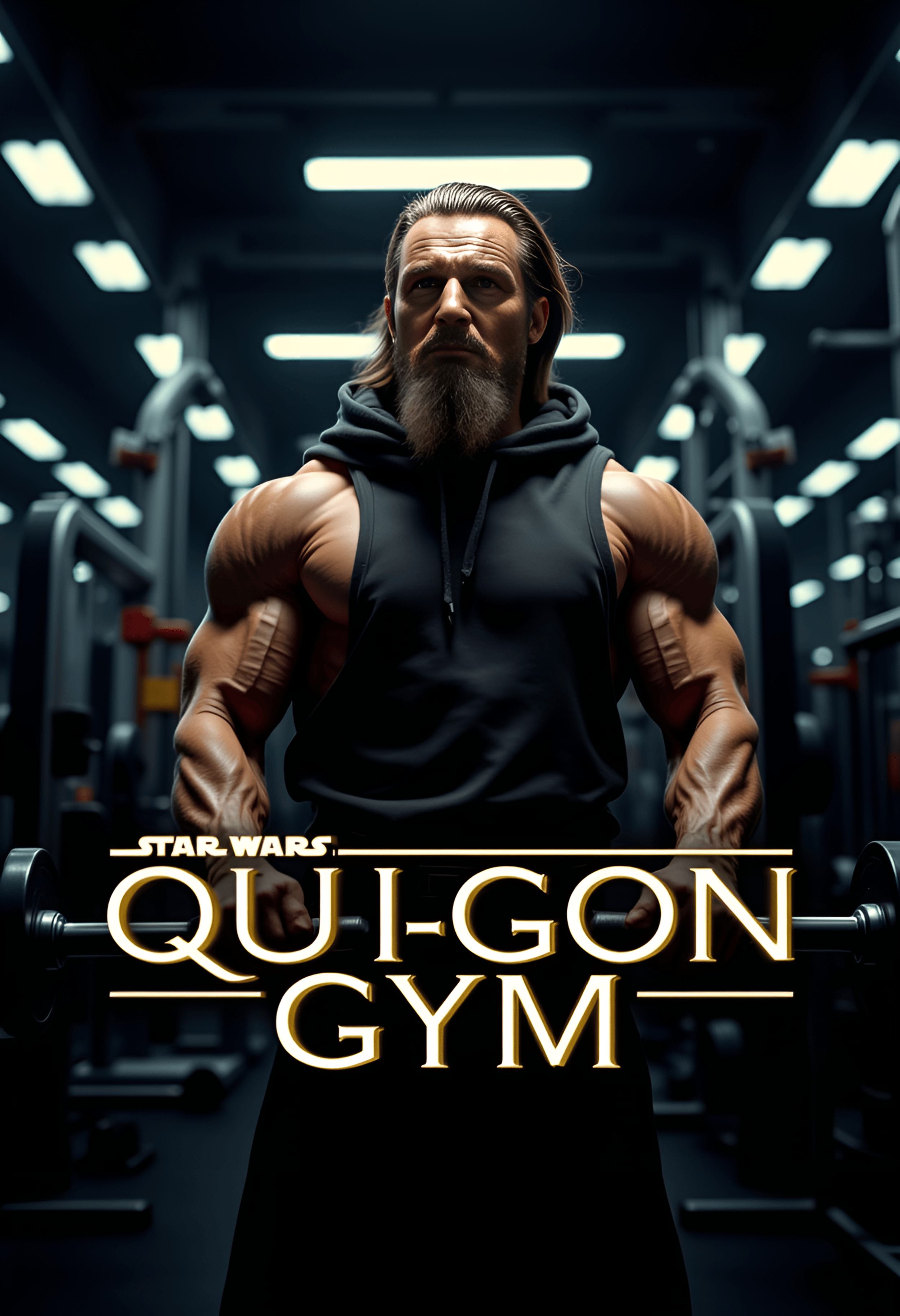Qui-Gon Jinn from The Phantom Menace, wearing a sleeveless Jedi robe that shows off his massive muscles, with huge biceps and broad shoulders, showcasing a powerful physique. He’s lifting weights in a futuristic space gym, surrounded by advanced gym equipment and a cosmic, starry backdrop. The lighting is dramatic, highlighting his chiseled form and intense focus. He has his signature long hair and beard, and his expression is determined as he lifts. In the middle of the image, there’s a text overlay in Star Wars font that reads 'Qui-Gon Gym', in bold and iconic lettering
