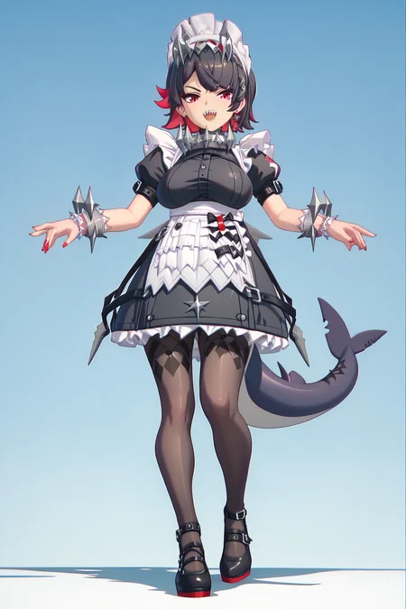 ZZZ_Style,<lora:ZZZ_Style_Pony:1> <lora:Char-ZZZ-EllenJoe-pony-V1:0.8> ellen joe,hairclip,shark tail,sharp teeth,red eyes,large breasts,argyle pantyhose,red nails,black footwear,maid headdress,maid apron,wrist cuffs,maid dress,spiked collar, Score_9, Score_8_up, Score_7_up, Score_6_up, Score_5_up, Score_4_up, BREAK,1girl in full growth, best quality, masterpiece, ultra-detailed, high quality,good quality,1 girl,(master piece,high resolution, ultra detailed,8K,16K),look at viewer