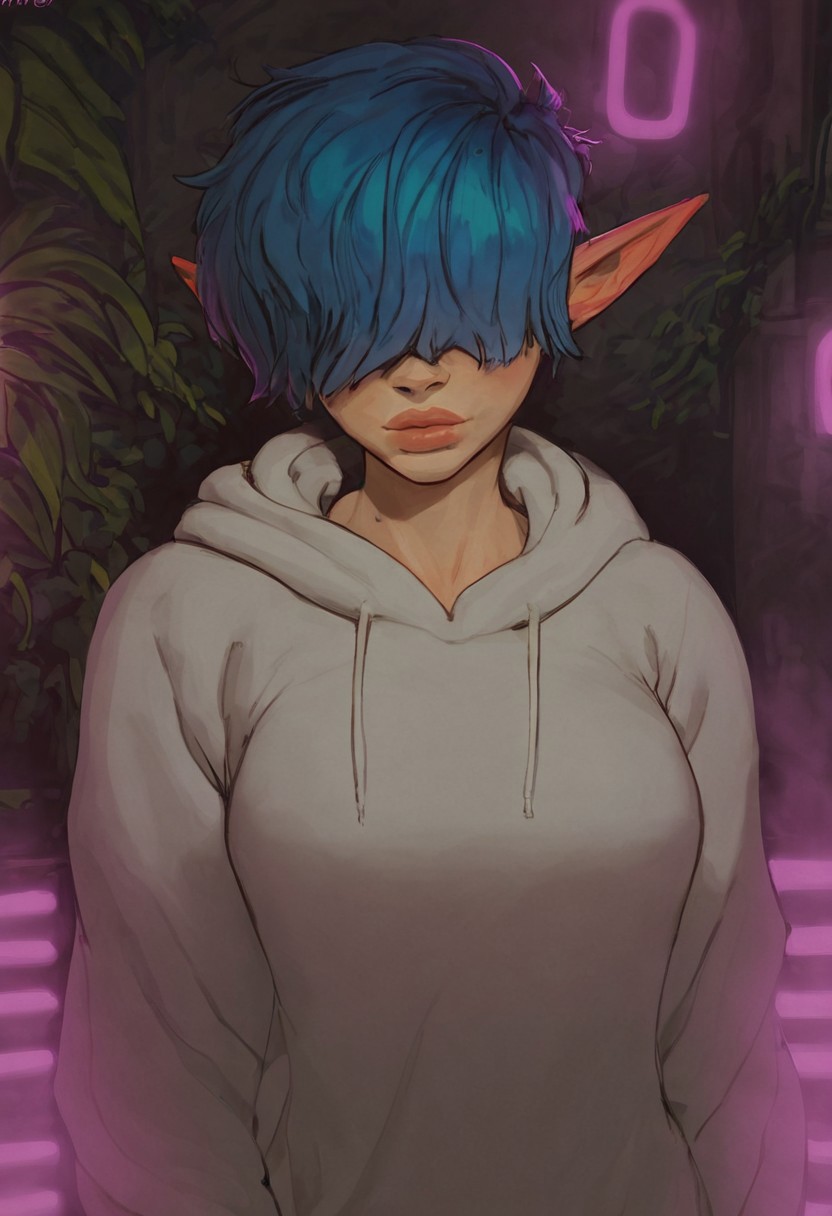 <lora:DarcyPony1.0:0.75> darcy, elf ears, 1girls, very short hair, pixie cut, solo, uncensored, full body shot, tomboy, large breast, perky breasts,, blue hair, slim waist, score_9, score_8_up, score_7_up, score_6_up, <lora:Smooth Anime Style LoRA XL:1>, standing, hair over eyes, viewed from front, viewed from above
gray hoodie, bottomless, loose hoodie, baggy clothes, thick lips, big lips, big hoodie, oversized hoodie,
looking at viewer, looking up at viewer, hair over eyes, messy hair, very messy hair, 
, plants on the windowsill, wall of plants, monstera plant, large plant, tidy bedroom, small room, cramped bedroom, cyberpunk city view out of the window, neon light, purple neon lights,