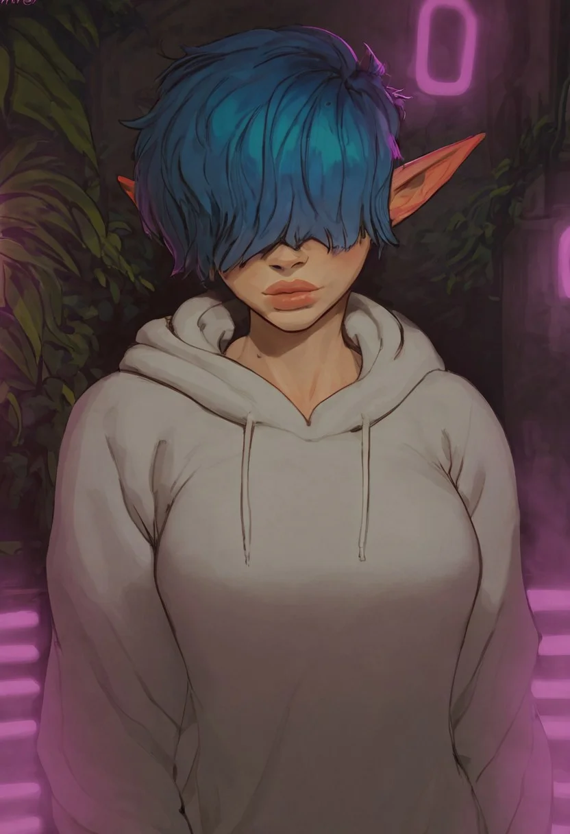 <lora:DarcyPony1.0:0.75> darcy, elf ears, 1girls, very short hair, pixie cut, solo, uncensored, full body shot, tomboy, large breast, perky breasts,, blue hair, slim waist, score_9, score_8_up, score_7_up, score_6_up, <lora:Smooth Anime Style LoRA XL:1>, standing, hair over eyes, viewed from front, viewed from above
gray hoodie, bottomless, loose hoodie, baggy clothes, thick lips, big lips, big hoodie, oversized hoodie,
looking at viewer, looking up at viewer, hair over eyes, messy hair, very messy hair,
, plants on the windowsill, wall of plants, monstera plant, large plant, tidy bedroom, small room, cramped bedroom, cyberpunk city view out of the window, neon light, purple neon lights,