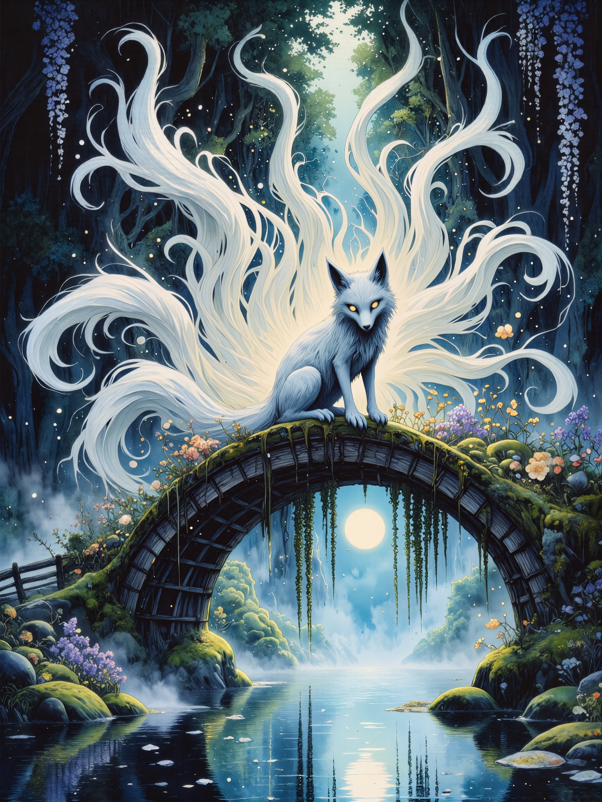 famous artwork, alcohol ink and watercolor on traditional washi paper, in a secluded, moonlit garden deep within an ancient forest and bathed in silver moonlight, a mythical kitsune fox spirit with soft silver-white fur sits regally upon a quaint wooden bridge arching over a tranquil koi pond, its presence both enchanting and enigmatic, its nine resplendent fox tails unfurl in a grand, mesmerizing display, fanning out behind it like an ethereal peacock wheel, each tail flowing like silk, shimmering with delicate strands of celestial light, and tipped with a faint, ghostly luminescence, its magical golden eyes glow intensely, casting an enchanting aura as they pierce the night. the scene is dreamlike, filled with cascading wisteria, intricately detailed herbs and wildflowers, and delicate misty fog drifting through the air, glowing will-oâ-wisps float gently around the kitsune, illuminating the moss-covered stones and the mirror-like koi pond beneath with their soft, mystical glow. the kitsuneâs tails dominate the composition, arranged in an elegant, symmetrical arc, their delicate, flowing texture highlighted by the contrast of moonlight and shadow, the atmosphere is surreal and enchanting, with a color palette of mint green, teal, deep indigo, ethereal blues, and soft lavender, golden accents from the kitsuneâs piercing gaze and the floating wisps create a striking contrast against the cool, dreamy hues, petals from the wisteria drift lazily through the air, caught in a soft breeze, their descent mirrored in the rippling pond, where the kitsuneâs spectral reflection appears even more otherworldly. a cinematic, painterly shot, slightly low angle, capturing the entire mystical landscape in breathtaking detail, intricate hand-painted textures and masterful use of light and shadow create a delicate balance between whimsy and haunting beauty, atmospheric fog softens the edges of the scenery, lending an otherworldly, timeless quality, soft, flowing brushstrokes, infused with a sense of ancient magic and mythical legends. inspired by studio ghibli, brian froud, and kay nielsen, four legs, detailed white fox paws, ovg, studio ghibli dark fairytale, <lora:style-dark_ghibli-flux-by_arsmachina:0.84> <lora:image_enhancer-flux-by_dever:0.72>