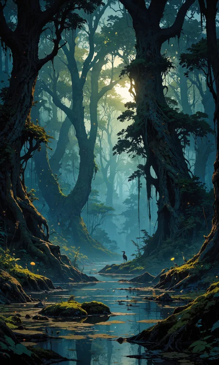 Ethereal fog-shrouded wetlands, ancient cypress trees draped in Spanish moss, their gnarled roots emerging from murky waters. Bioluminescent fungi scatter the forest floor, casting an otherworldly glow. Fireflies dance through misty air, reflecting off still pools. A great blue heron stands motionless in the shallows. Duckweed and water lilies carpet the surface, parting for a silent alligator. Moonlight filters through the canopy, creating dappled patterns. Rich, earthy tones with pops of ethereal blue and green. Intricate details, photorealistic quality, 8K resolution, cinematic lighting. <lora:FluxMythAn1meL1nes:0.2> <lora:Anime v1.3:0.9> <lora:Comic book V2:0.3> <lora:Niji V2B:0.5> <lora:flux_dev:1>
