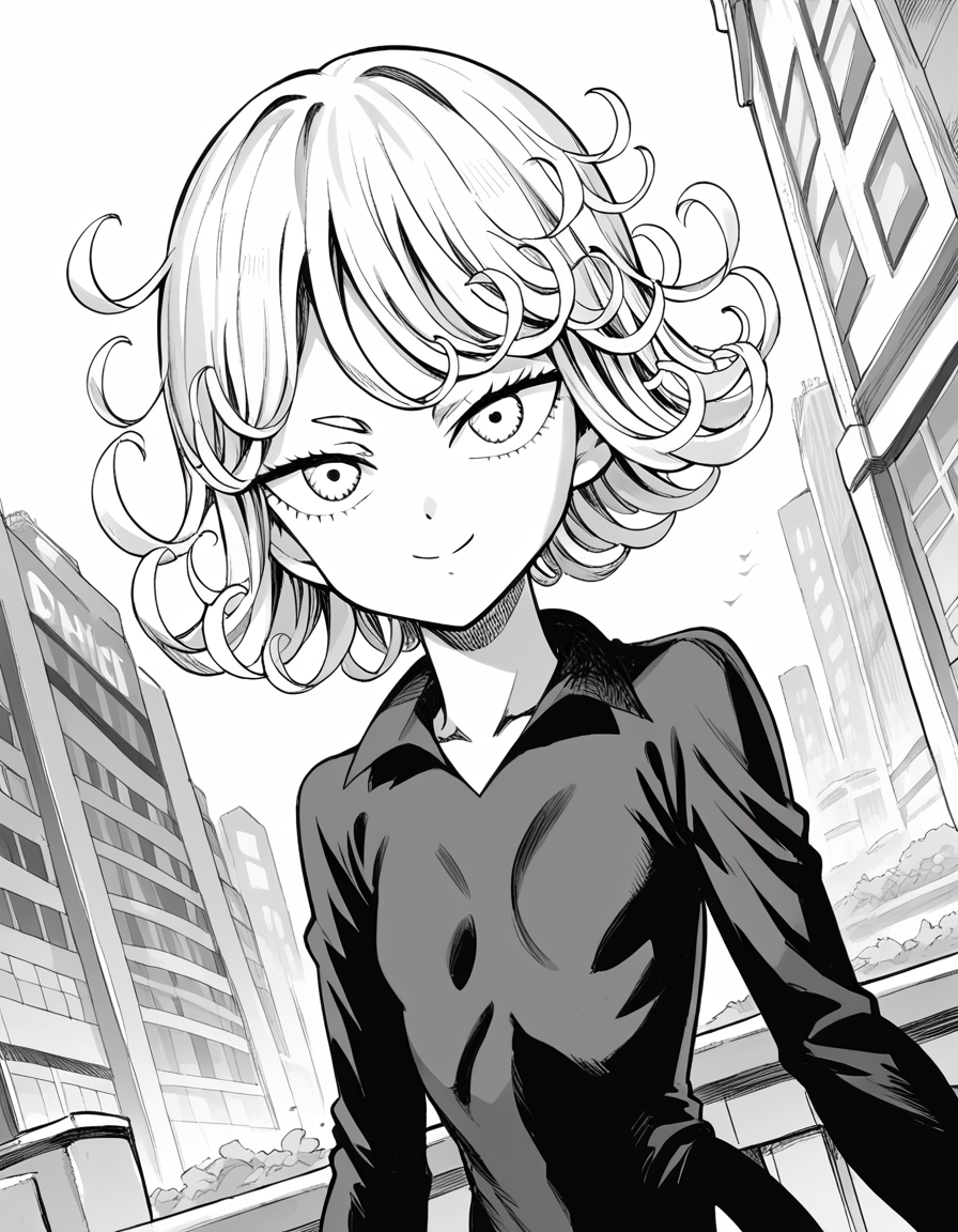 score_9, score_8_up, score_7_up, source_anime,
tatsumaki, <lora:opm-tatsumaki-manga-ponyxl-lora-nochekaiser:1>,
tatsumaki, short hair, curly hair, monochrome, greyscale,
long sleeves, dress,
outdoors, cityscape, smile,
looking at viewer, cowboy shot, solo, dutch angle,