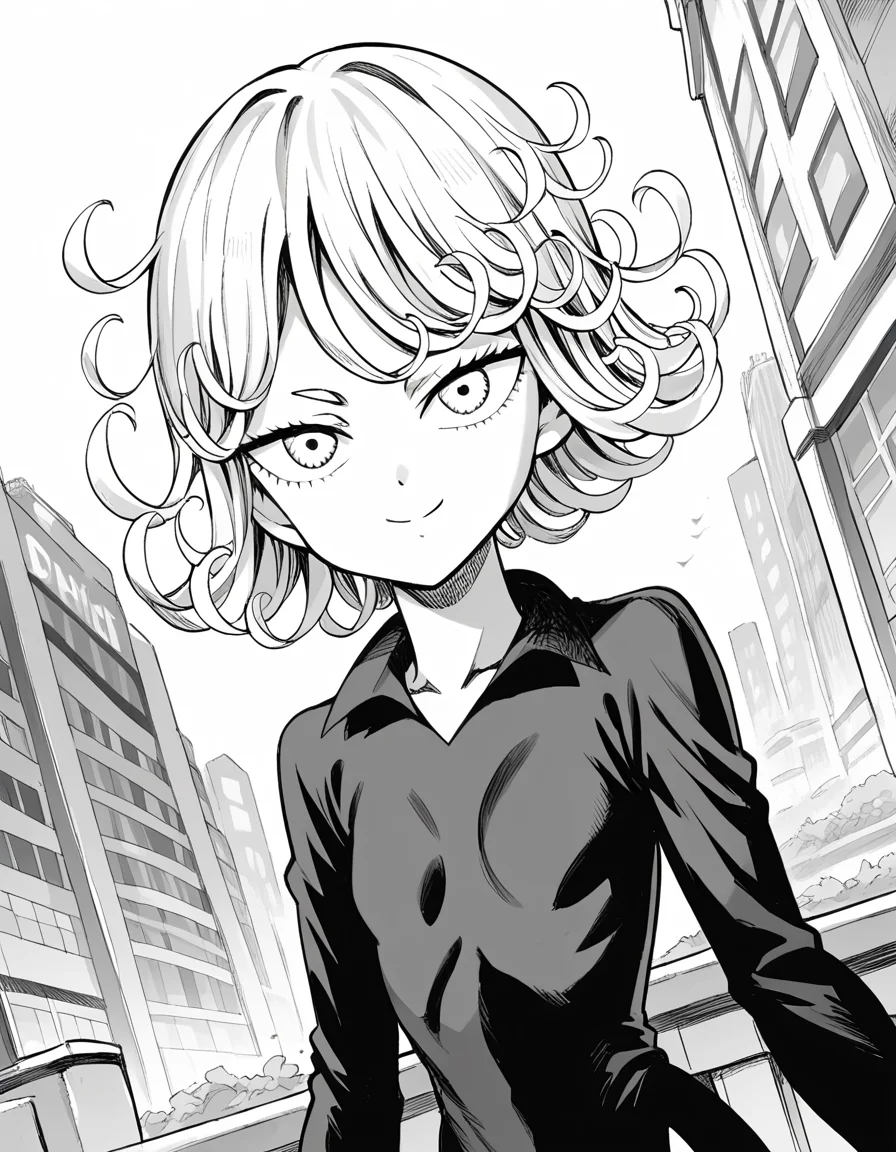 score_9, score_8_up, score_7_up, source_anime,
tatsumaki, <lora:opm-tatsumaki-manga-ponyxl-lora-nochekaiser:1>,
tatsumaki, short hair, curly hair, monochrome, greyscale,
long sleeves, dress,
outdoors, cityscape, smile,
looking at viewer, cowboy shot, solo, dutch angle,