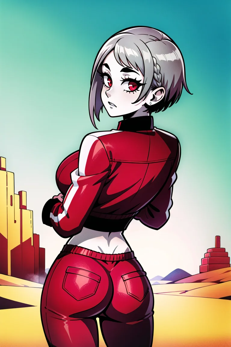girl, (goth,dark,eyeliner:1.1), Gargoyle, (Bright,Desert Background),Venus Body,Normal Breasts,Turned away but looking back over the shoulder,Short Hair,Plaits Hair,(red Varsity Jacket,silver Parachute Pants:1.3),hololive english,Leggings ,(masterpiece,detailed,highres:1.4)
