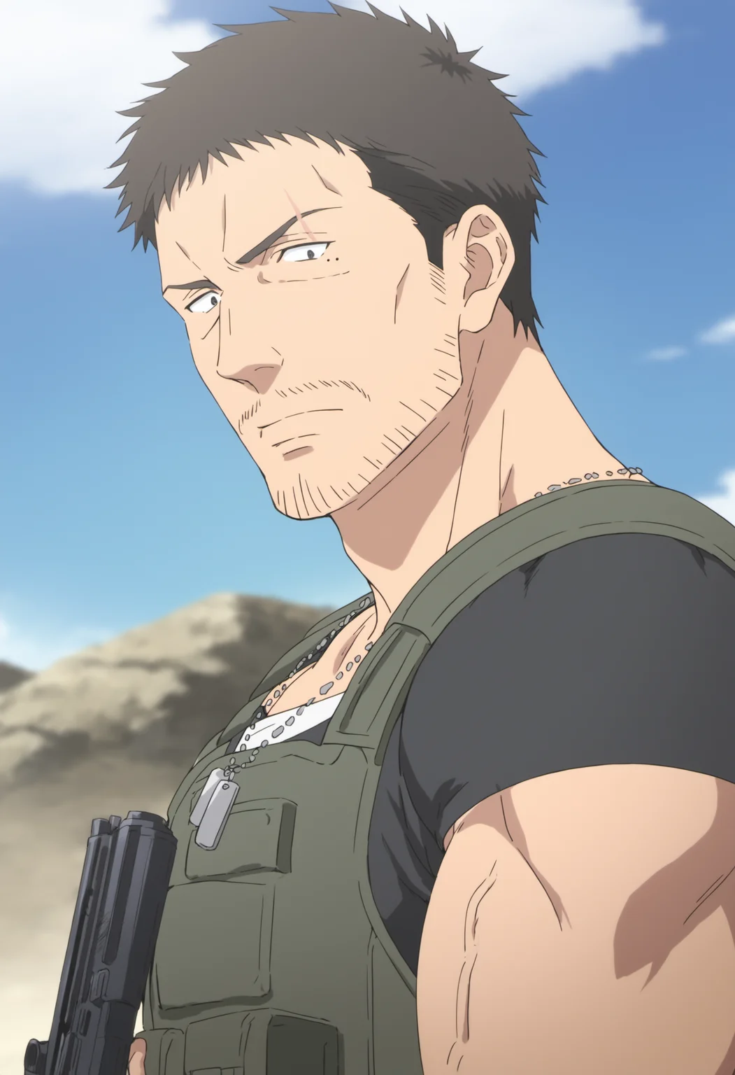 1boy, wolfgangcaptain_80000, black hair, veiny arms, tight black shirt, black eyes, dog tag, stubble, mole under eyes, scar over eyebrow, score_8_up, score_7_up, score_6_up, score_9_up, muscle, stocky body, big muscular,  big arms, mddle-age man, , a man at in battlefield,  centered, looking at viewer, face_focus, detailed eyes, 8k uhd, high quality, anime color,standing, tactical  vest,, holding gun, side view, close up