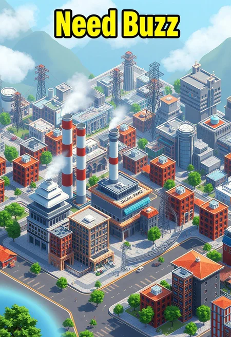 City builder computer game screenshot with power plant, out of power buildings, title: "Need Buzz"