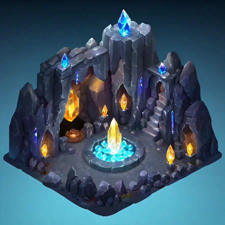 ((masterpiece, best quality)), absurdres, Isometric_Setting, cave, crystal, magic, glowing, <lora:Stylized_Setting_SDXL:1.0>