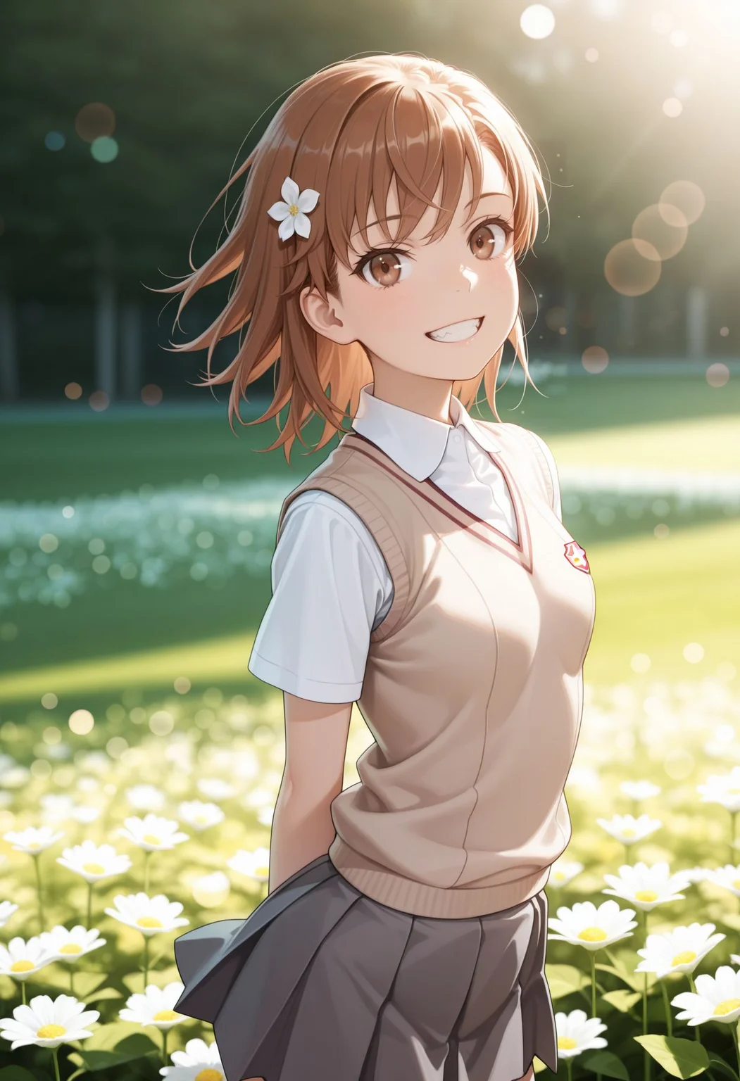 masterpiece,best quality,absurdres,highres,very aesthetic,high quality,detailed,insanely detailed,beautiful,perfect lighting, ,depth of field,blurry background,bokeh, looking at viewer, looking at viewer, flower field, smile, happy, teeth, arms behind back,
<lora:Misaka Mikoto :1> 1girl, brown hair, brown eyes, medium hair, hair flower, tokiwadai school uniform, summer uniform, brown sweater vest, pleated skirt, white shirt, collared shirt, short sleeves, miniskirt, grey skirt,