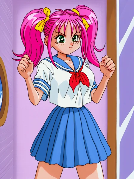<lora:1990-mahjong-gals:1>1990s (style), pachinko sexy reaction, serafuku, blue long skirt,
1girl, solo, breasts, twintails, pink hair, retro artstyle, 1990s (style), ribbon, sugimoto miruruâââ