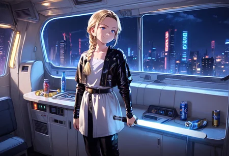 rV interior, recreational vehicle interior, anime coloring, score_9, score_8_up, score_7_up, score_6_up, 1girl , Vaylin, solo, solo focus, blonde, braid, blue eyes, indoors, standing, lightsaber, weapon, holding, single braid, white tunic, gold trim, black pants, zettai ryouiki, sleeves past fingers, solo, lips, night, denim, can, leather, bioluminescent, leather jacket, cyberpunk, city, vending machine, neon lights, general, smug,