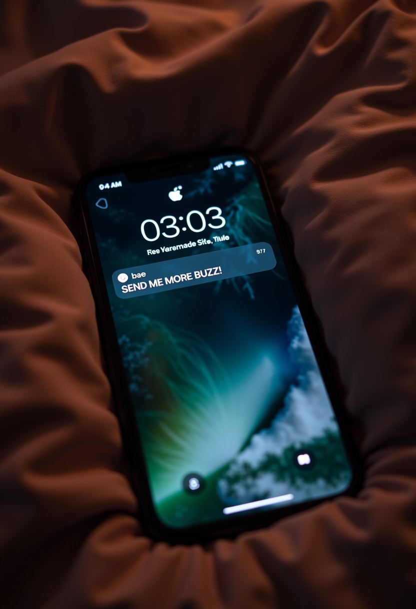 iPhone placed on bedside, iPhone lock screen, time 03:03 AM, new notification on top with, a message from someone named 'bae' saying " SEND ME MORE BUZZ! ".
