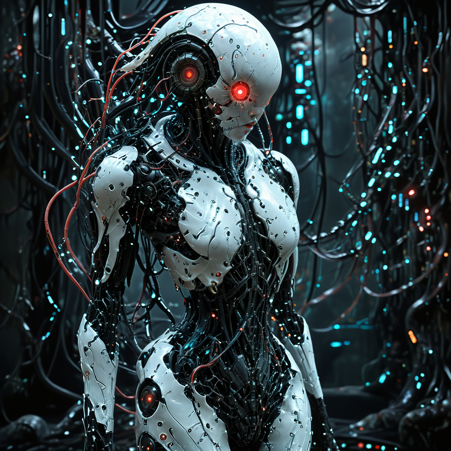 (biopunk sexy woman merging with jellyfish creature:1.2) with cybernetic features, cinematic, cyberpunk elements, amazing detailed, grim sci-fi, biomorph, organic and mechanical, natural light, beautiful cleavage, glowing red eyes  <lora:Dark_Futuristic_Circuit_Boards:0.6>  circuitboard, dark futuristic  <lora:hyperkraximalism_v1-1:0.2> <lora:Faceless_Cyborgs:0.9>  <lora:SDXLFaeTastic2400:0.6>
