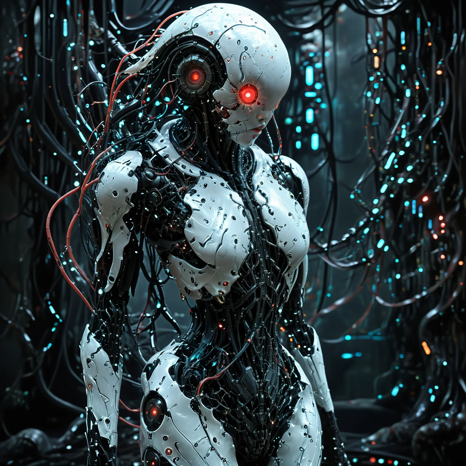 (biopunk sexy woman merging with jellyfish creature:1.2) with cybernetic features, cinematic, cyberpunk elements, amazing detailed, grim sci-fi, biomorph, organic and mechanical, natural light, beautiful cleavage, glowing red eyes <lora:Dark_Futuristic_Circuit_Boards:0.6> circuitboard, dark futuristic <lora:hyperkraximalism_v1-1:0.2> <lora:Faceless_Cyborgs:0.9> <lora:SDXLFaeTastic2400:0.6>