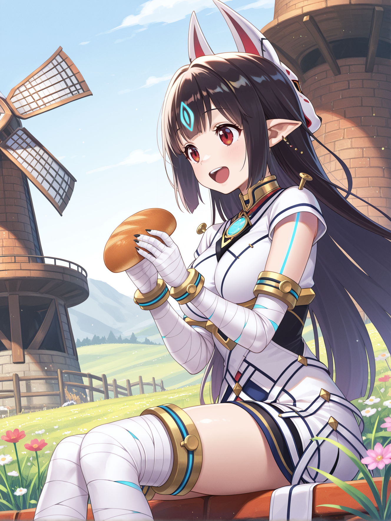kasandra \(xenoblade\), 1girl, solo, sitting, open mouth, windmill, holding bread, bread, from side, smile, fox mask on head back, white japanese dress, white bandaged gloves, ball earrings, blue body tattoo, blue chest jewel, white bandaged legwear, flower, black sharp fingernails,
masterpiece,best quality,amazing quality,very aesthetic,absurdres,newest,<lora:Xenoblade Chronicles 2 - Kasandra illusXL v1.2:0.75>,