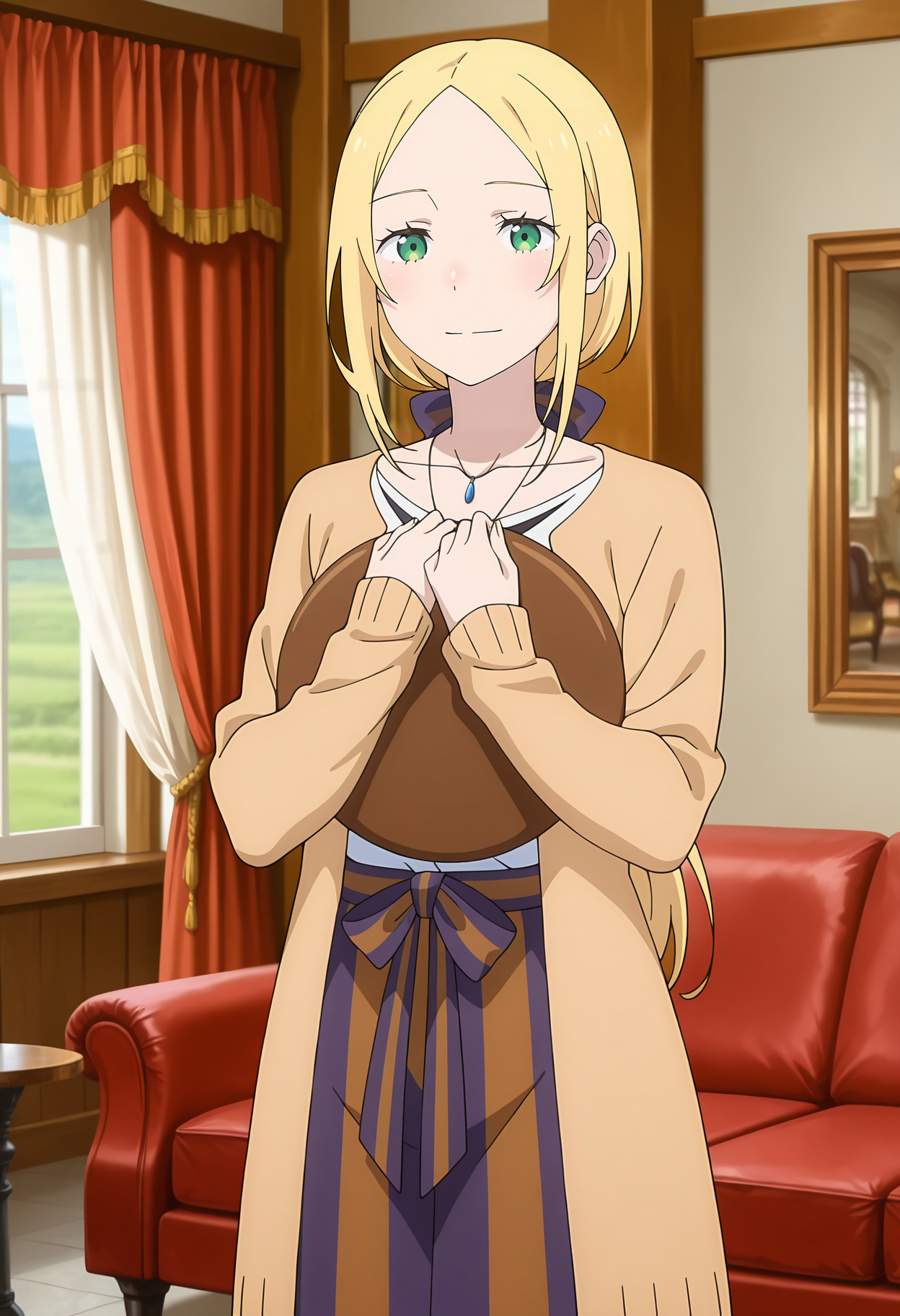 anime screencap, masterpiece, best quality,
<lora:ReZero_RealaThompson_IlluXL:0.9>,
1girl, solo, closed mouth, light smile,
parted bangs, forehead, low ponytail, long hair, blonde hair, green eyes, hair bow,
open cardigan, light brown cardigan, collarbone, pendant, white shirt, shirt tucked in, waist bow, high-waist skirt, vertical-striped skirt, brown skirt, purple skirt,
holding tray, standing, looking at viewer, cowboy shot,
indoors, curtains, couch, medieval, photo background, blurry background