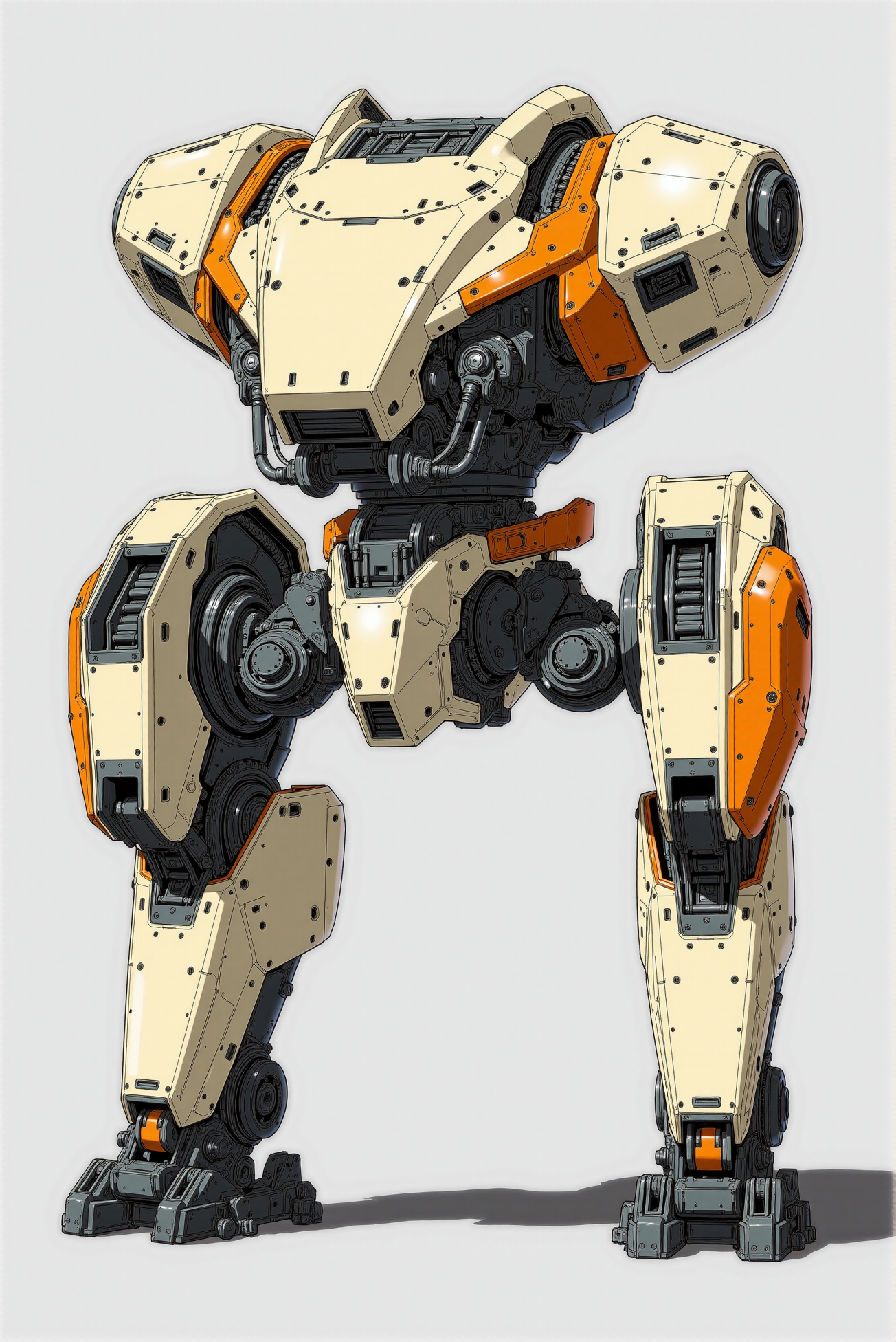 <lora:Mecha_Anime_style_v.1:0.8> A heavy-duty quadrupedal utility mech rendered in intricate anime-industrial style, featuring a broad, armored carapace in matte ivory plating with reinforced angular shoulders and recessed intake grills. The limb structure is segmented with high-torque graphite actuators and bold safety-orange exoskeletal armor on the forearms and thighs, suggesting a design optimized for construction or high-impact industrial manipulation. Hydraulic pistons, torque converters, and mechanical linkages are visibly detailed across all load-bearing joints, while claw-like manipulators anchor its stance with industrial precision. Tight technical inking outlines every bolt, seam, and structural node, and crisp cel shading enhances the volume of each articulated component against a neutral gray background, presenting the mech as a rugged, versatile ground-based work unit.