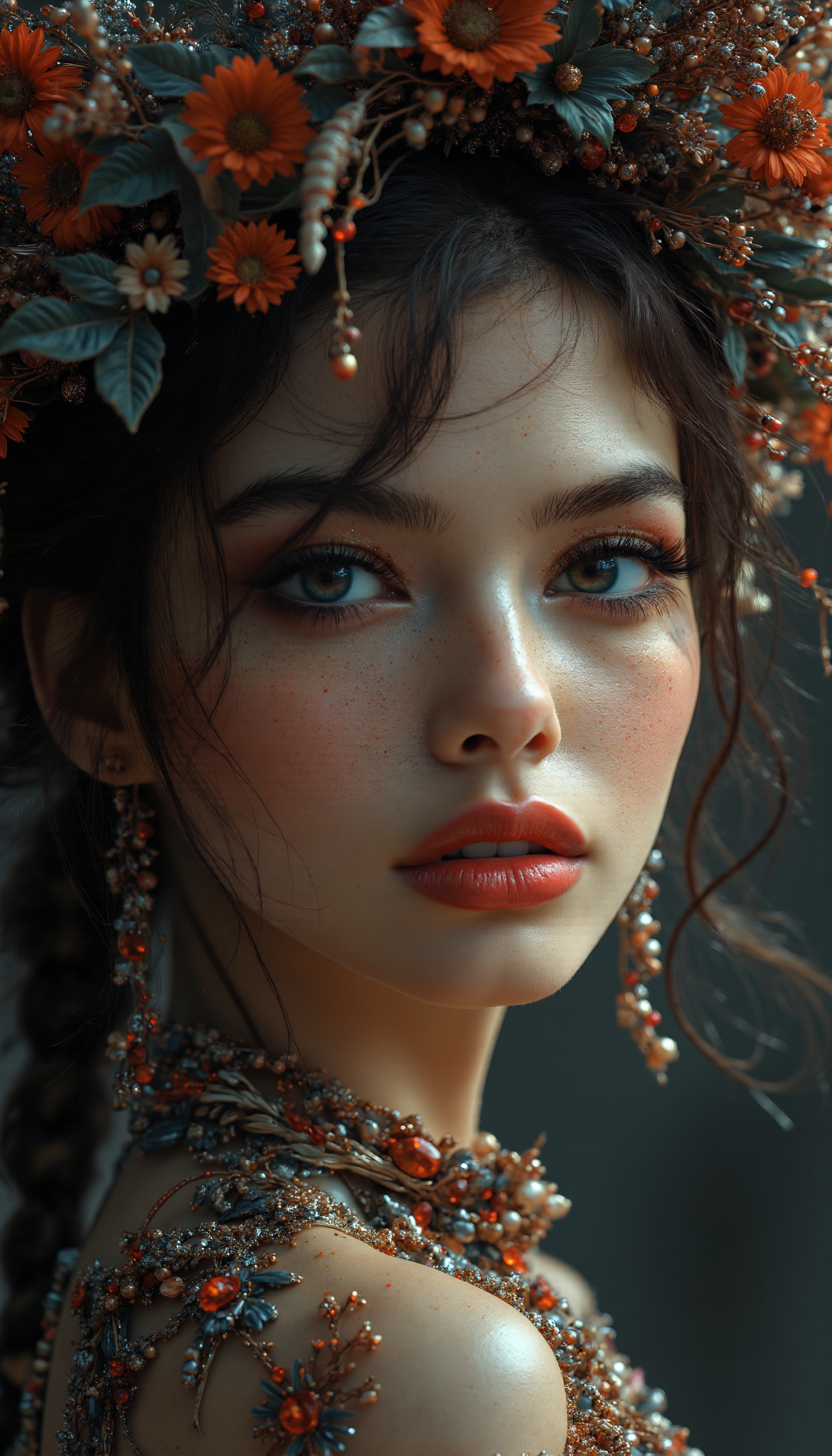 Midjourney_Whisper, A hyper-realistic portrait of a stunning supermodel, featuring a beautifully detailed face with captivating eyes and a serene expression. The image showcases her natural beauty, focusing on her flawless skin and delicate features. The composition blends modern and traditional elements with a neo mode, avant-garde style, characterized by elegant lines, vibrant colors, and exquisite details. Her hair is styled in an intricate and unique fashion, adding to her ethereal and timeless aura. The lighting enhances her features, creating a soft interplay of light and shadow, while the high-resolution quality captures every detail with photorealistic clarity, arm support pose, (three quarter view:0), (from above:0.6), (dutch angle:0.2),cowboyshot, looking away, <lora:midjourney_whisper_flux_lora_v01:1>,