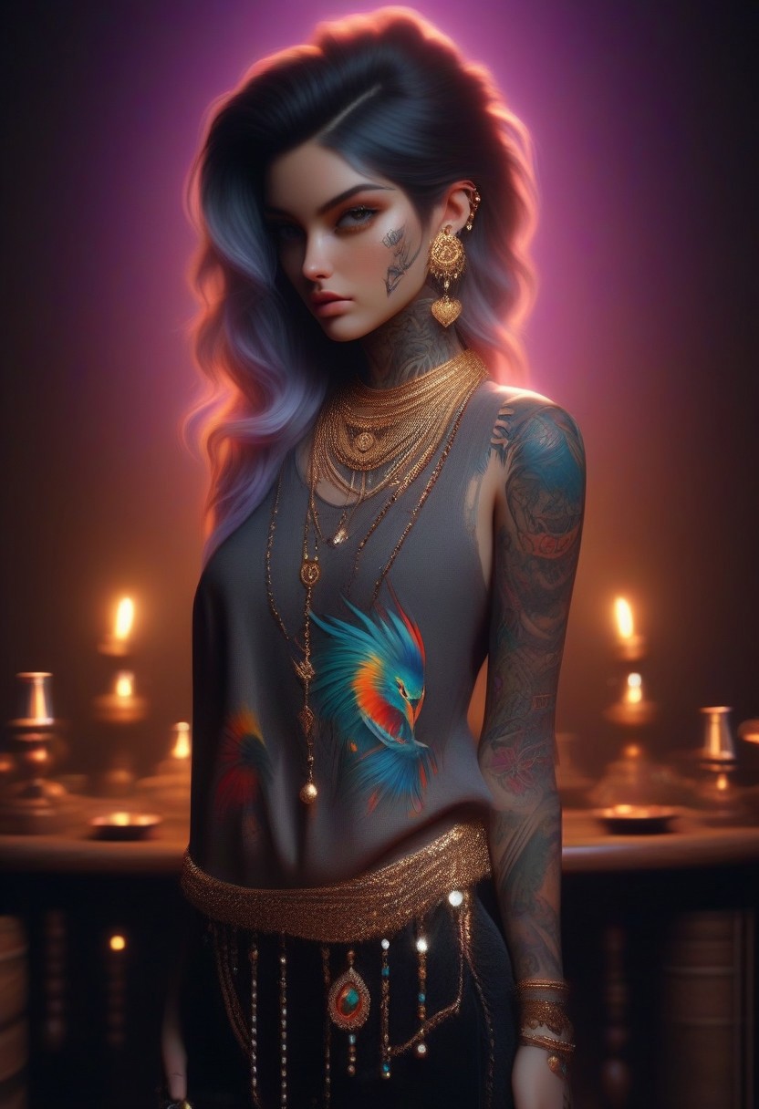 1girl, tattoo,looking at viewer, adorned with jewelry,<lora:outlaws_By_clarity_StyleXL:1>, Pixel-perfect precision, pristine detail, 8K resolution, high fidelity, Wide range of colors. Insane quality, full body