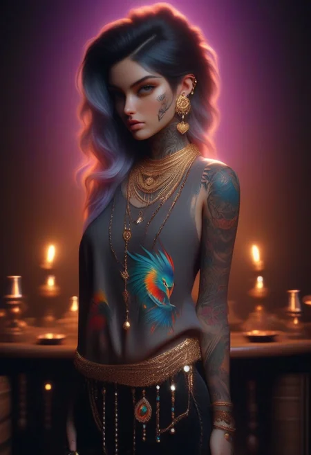 1girl, tattoo,looking at viewer, adorned with jewelry,<lora:outlaws_By_clarity_StyleXL:1>, Pixel-perfect precision, pristine detail, 8K resolution, high fidelity, Wide range of colors. Insane quality, full body