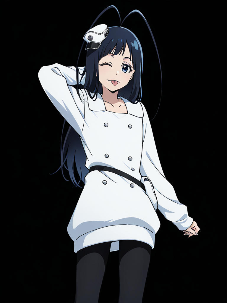 score_9, score_8_up, score_7_up,  
1boy, androgynous, giselle gewelle, blue eyes, black hair, long hair, antenna hair,
standing, solo, black background, smile, closed mouth, tongue out, looking at viewer,
mini hat,
military uniform, white dress, long sleeves, collarbone, short dress, double breasted, waist bag, black leggings, arm behind head, wink, 

