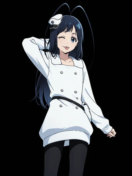 score_9, score_8_up, score_7_up,
1boy, androgynous, giselle gewelle, blue eyes, black hair, long hair, antenna hair,
standing, solo, black background, smile, closed mouth, tongue out, looking at viewer,
mini hat,
military uniform, white dress, long sleeves, collarbone, short dress, double breasted, waist bag, black leggings, arm behind head, wink,