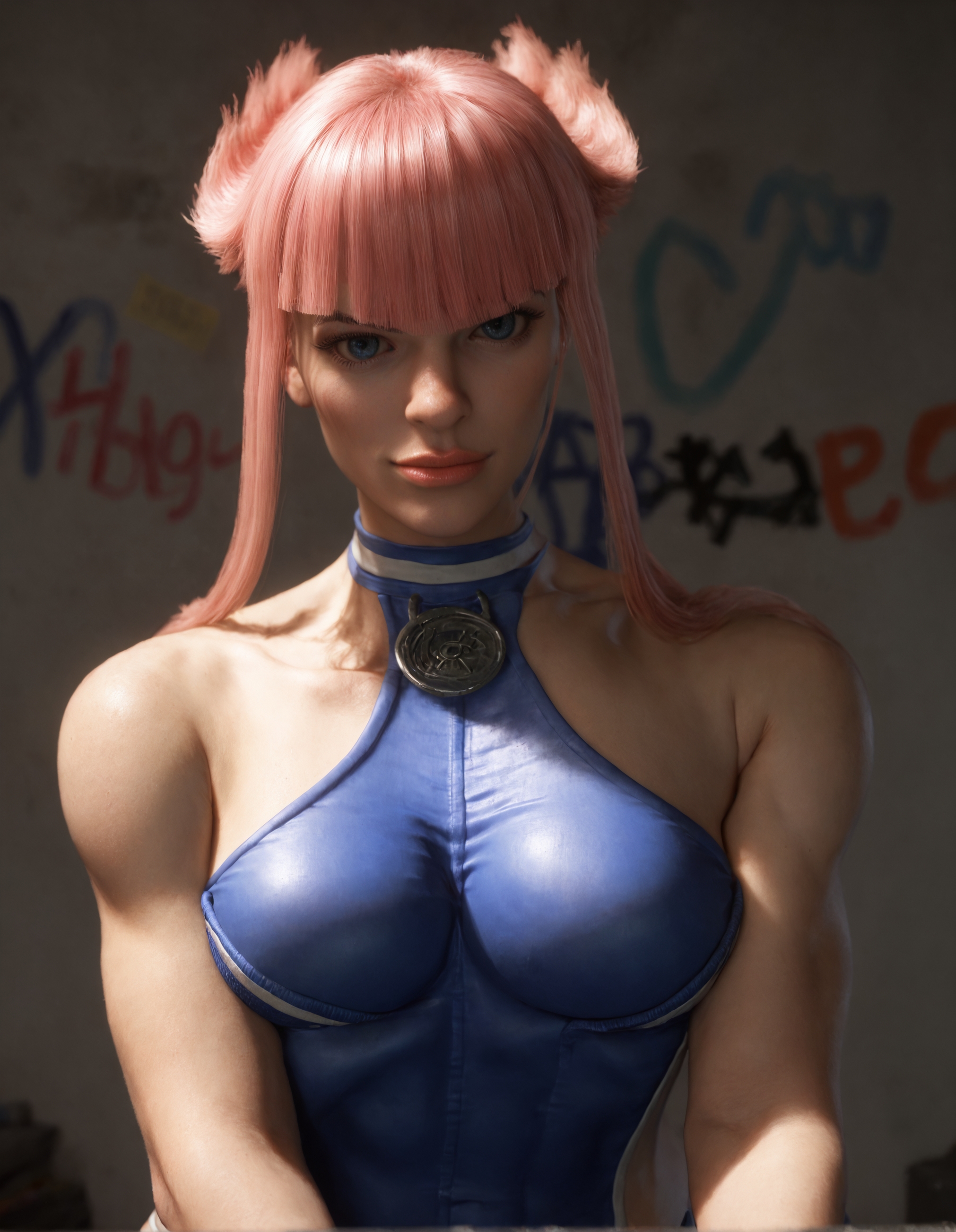 score_9, score_8_up, score_7_up,score_6_up,high resolution,mnon,mnon hair,3d,photo,realistic,pink hair,1girl,solo,upper body,bodysuit,in a garage,wall graffiti,volumetric lighting,rim lighting,from side,touching face,looking at viewer