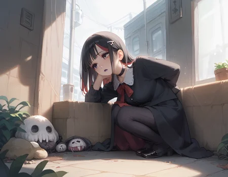 (score_9,score_8_up,score_7_up:1), 1girl, full body, cinematic panning shot, horror, Night time lighting, ambient lighting, sad, (goth, (black lipstick, black mascara, black eyeshadow)), (skinny), black hair red highlights, mid back hair, choker, eyeshadow)) (bloodless white rough skin), large breasts, teardrop shape breast, hanging breast, (at attention), warm pink cafe, (<lora:zavy-cntrst-sdxl:1> chiaroscuro, low-key, horror), (red tailcoat, black fancy clothes, leggings), <lora:Our Muted Future Pony V2:1> OMFV2, <lora:add-detail-xl:1>