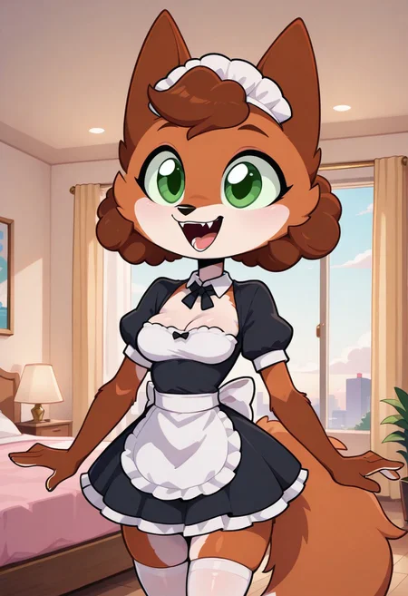 score_9, score_8_up, score_7_up, score_6_up, score_5_up, score_4_up, source_furry, solo, source_cartoon, fox, Sineki_fox, curly hair, brown body, short hair, green eyes, anthro fox, furry character, middle breasts, Maid outfit, maid hat, stockings, hotel room, happy, anthro, fur, furry body, brown body, 1girl, show accurate, fangs, detailed, open mouth, beautiful, female, vector, flat colors, middle breasts, half-closed eyes, big eyes, 4k, ultra detailed, open mouth, focus eyes, standing