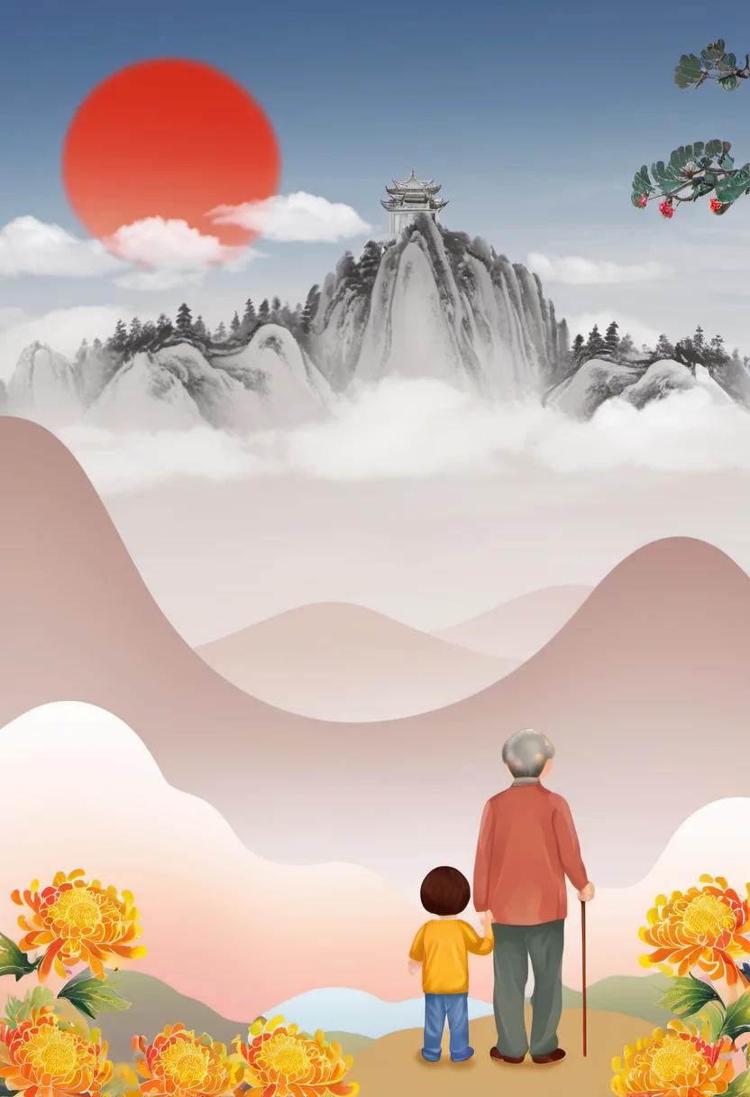 ChongYang Photography, an old man and a child standing on hilltop looking at hills and clouds, red sun, chrysanthemums, best quality, high quality, masterpiece, 8K UHD, highly detailed, ultra detailed <lora:ChongYang_v1.0:0.8>
