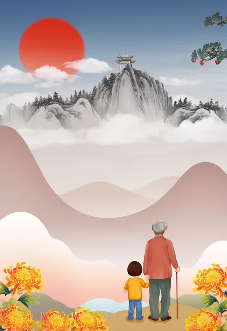 ChongYang Photography, an old man and a child standing on hilltop looking at hills and clouds, red sun, chrysanthemums, best quality, high quality, masterpiece, 8K UHD, highly detailed, ultra detailed <lora:ChongYang_v1.0:0.8>