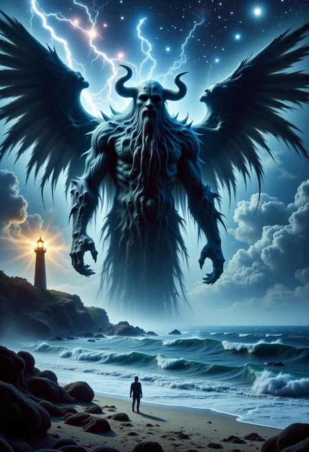 A colossal figure with a kraken head, a beard with many large tentacles and dark wings strides ominously through a stormy ocean night, illuminated by a lighthouse's yellow beam on left side island. A tiny sailor stands frozen on the beach. Lightning splits the sky, revealing a galaxy of stars and a sense of impending terror.