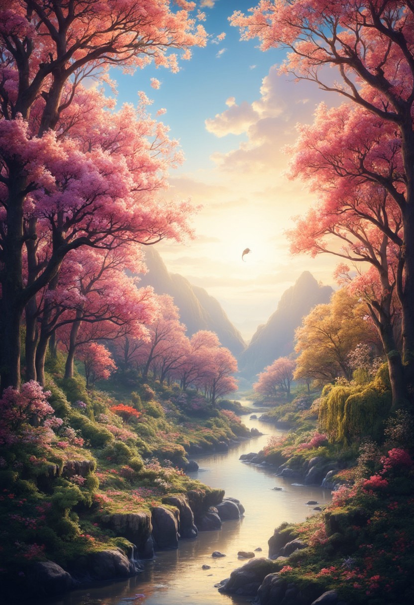 ( Soft colors and dreamy  spring morning landscape), spring in the forest, A narrow river, beautiful view, full of beautiful flowers, sunrise sky, beautiful clouds, dappled sunlight, 
A wonderful waka-like landscape, 
I can see the mountains in the distance, 
depth of field, masterpiece, best quality, ultra-detailed, very aesthetic, illustration, perfect composition, intricate details, absurdres, moody lighting, wisps of light, no humans,