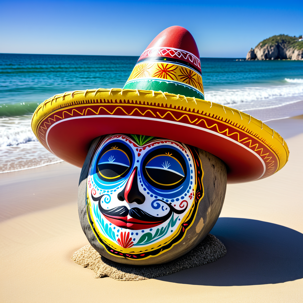 a rock on the shore painted to like like a sleeping mexican wearing a sombrero,a rock on the shore painted to like like a sleeping mexican wearing a sombrero