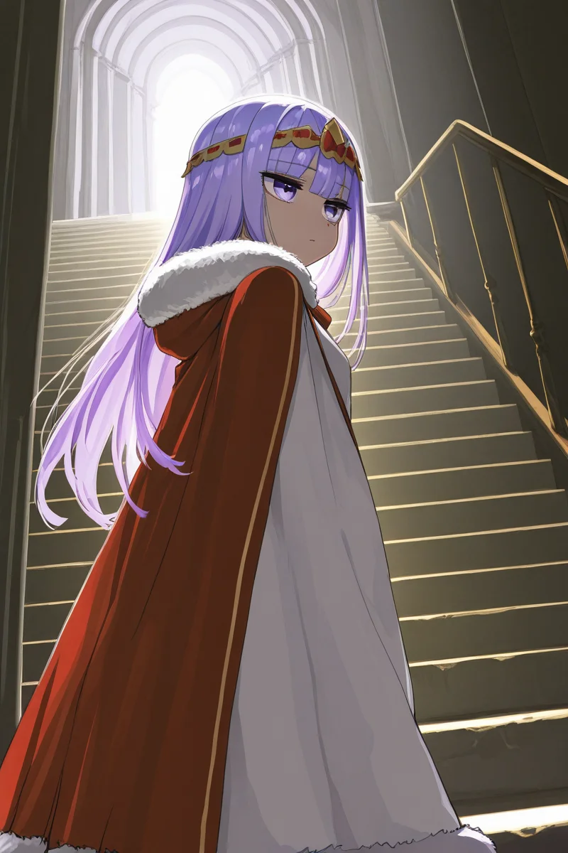 masterpiece, best quality, amazing quality,
<lora:Syalis_IL:1> syalis, purple hair, 1girl, cape, stairs, solo, purple eyes, long hair, fur trim