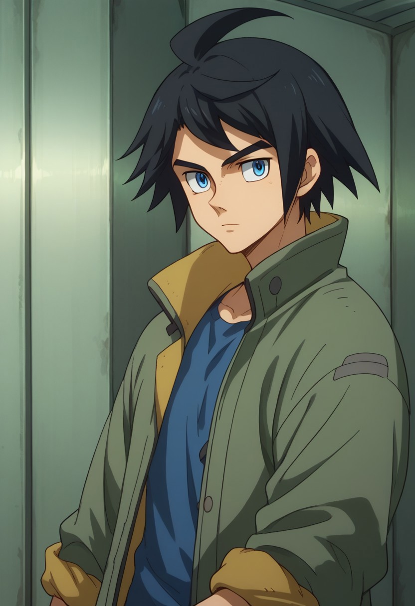 score_9, score_8_up, score_7_up, source_anime, highly detailed, 
mikazuki, 1boy, male focus, solo, black hair, ahoge, blue eyes blue shirt,, jacket, coat, rolled up sleeves, upper body
indoor, hangar,