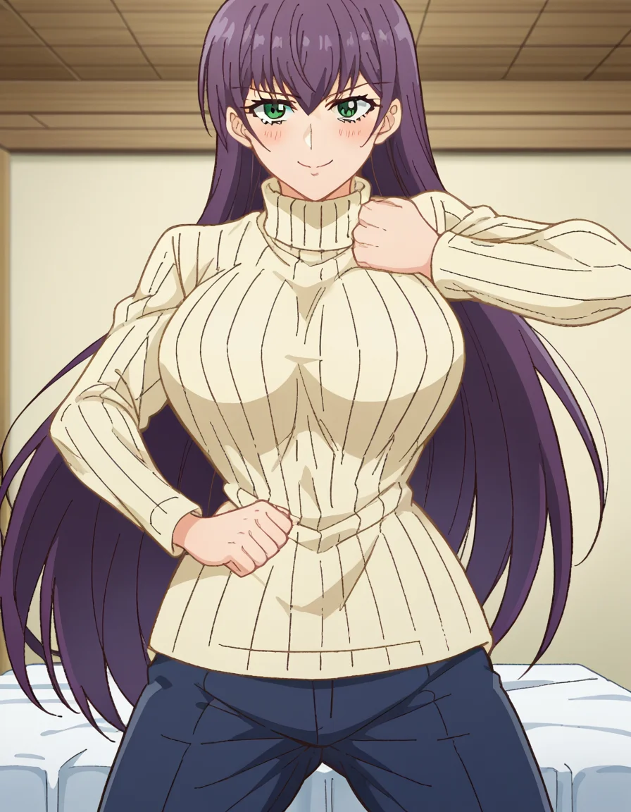 score_9, score_8_up, score_7_up, source_anime, <lora:yutaka-shinozaki-s1-ponyxl-lora-nochekaiser:1>, yutaka shinozaki, long hair, bangs, very long hair, green eyes, purple hair,, large breasts, mature female, long sleeves, pants, sweater, turtleneck, ribbed sweater, turtleneck sweater, blue pants, white sweater, windmill, blades, farm, wind, traditional, , <lora:giorno-giovannas-pose-ponyxl-lora-nochekaiser:1>, giorno giovannas pose, giorno giovanna's pose (jojo), jojo pose, hand up, arm up, clenched hand, hand on waist, blush, shirt, smile, bed room, cowboy shot, looking at viewer, solo,, dutch angle, cowboy shot