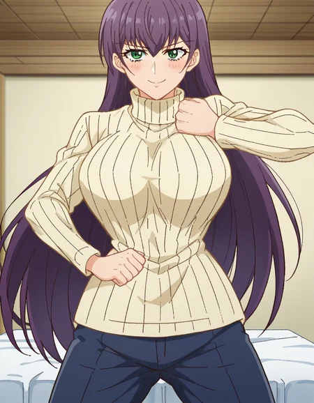 score_9, score_8_up, score_7_up, source_anime, <lora:yutaka-shinozaki-s1-ponyxl-lora-nochekaiser:1>, yutaka shinozaki, long hair, bangs, very long hair, green eyes, purple hair,, large breasts, mature female, long sleeves, pants, sweater, turtleneck, ribbed sweater, turtleneck sweater, blue pants, white sweater, windmill, blades, farm, wind, traditional, , <lora:giorno-giovannas-pose-ponyxl-lora-nochekaiser:1>, giorno giovannas pose, giorno giovanna's pose (jojo), jojo pose, hand up, arm up, clenched hand, hand on waist, blush, shirt, smile, bed room, cowboy shot, looking at viewer, solo,, dutch angle, cowboy shot