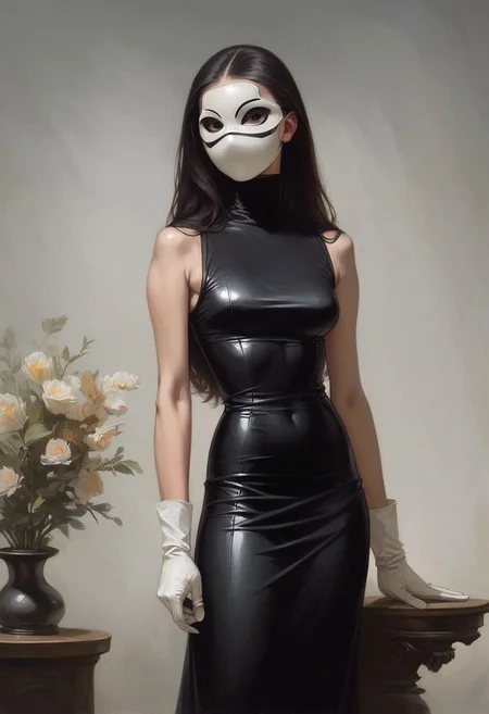 ph4nt0m01l, realistic, score_9, score_8_up, score_7_up, portrait,
1woman, (Page Monroe), (((faceless))), tight fit,, long hair, black hair, skintight clothing, long-sleeved dress, black dress, black tights, petite, (white mask), (mask:1.6), (monochromatic outfit), gloves, (black eyes:1.5), (white_mask:1.4)
black background, standing, detailed, high quality,