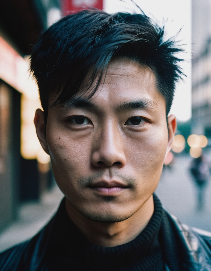 analog photo, closeup portrait photo of 28 y.o asian man, natural skin, looks at viewer, city street, (cinematic shot, film grain:1.1)