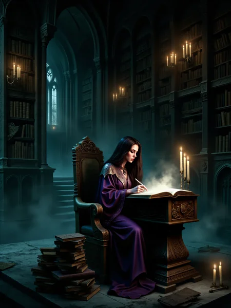 an atmospheric, highly detailed fantasy painting in the style of 17th-century oil paintings, featuring rich textures and deep shadows, inspired by classic depictions of arcane knowledge and mystical settings,
a vertical shot capturing a beautiful sorceress, seated in an ornate, gothic-style library illuminated by the dim glow of flickering candles, she is surrounded by towering bookshelves filled with ancient tomes, alchemical ingredients, and mystical artifacts, in the center of the scene, she is deeply absorbed in reading from a mysterious, glowing grimoire resting on a heavy wooden lectern, arcane symbols glow faintly in the air around her, as if alive, in the foreground, a stack of books stands on the dark, polished stone floor, partially illuminated by the candlelight, the wooden lectern is intricately carved with magical runes and symbols, its surface worn from centuries of use, in the background, the towering bookshelves stretch up toward the high, vaulted ceiling, a faint mist hovers near the floor, adding to the eerie, arcane atmosphere, the farthest shelves are barely visible in the darkness, the sorceress is leaning slightly forward, her delicate fingers brushing over the ancient text, her eyes glow faintly, her focused expression suggests she is unraveling powerful knowledge, the energy from the grimoire subtly illuminates her face, casting her in an ethereal glow, the sorceress is beautiful and mysterious, with long flowing silky dark hair cascading down her back, her deep violet robe is adorned with silver embroidery and lined with runes that shimmer faintly, she wears an intricate amulet around her neck, her eyes are sharp and intelligent and glow with otherworldly power, her lips are slightly parted as she mouths the words of the spell, the vertical format allows for a detailed view of the towering bookshelves and high, arched ceiling, adding to the grandeur of the setting, the camera is at eye level with the sorceress, the angle is slightly tilted upward, capturing the grand, mystical atmosphere of the library, the lighting is soft, primarily from the flickering candles and the glowing grimoire, deep shadows create a sense of mystery, the ambient glow of magical symbols in the air adds a subtle otherworldly quality, the rich color palette includes deep purples, teal, golds, and dark browns, contributing to the arcane setting, the image is rendered with meticulous brushstrokes and attention to detail, the texture of the scene is rich, evoking the look of classic oil paintings, the soft, ethereal lighting contrasts with the deep shadows, enhancing the mystical atmosphere, d4artstyle, d4concept, <lora:image_enhancer-flux-by_dever:0.8> <lora:style-diablo_iv_concept_art-flux-by_chronoknight:0.6>
