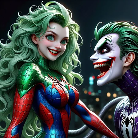 Scalebound SDXL(Concept)Mystic Lumina ((masterpiece, best quality)), illustration, digital painting, dfc, cinematic shot of a male (joker) (joker) as (spider man), 1girl, long green hair, large breast, official art, unity 8k wallpaper, ultra detailed, aesthetic, masterpiece, best quality, photorealistic, dark theme <lora:lowra_v10:0.5> crazy smile, (open mouth) waist upt up